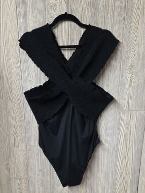 Anthropologie Black Criss Cross Off The Shoulder One Piece Swimsuit Womens 2X